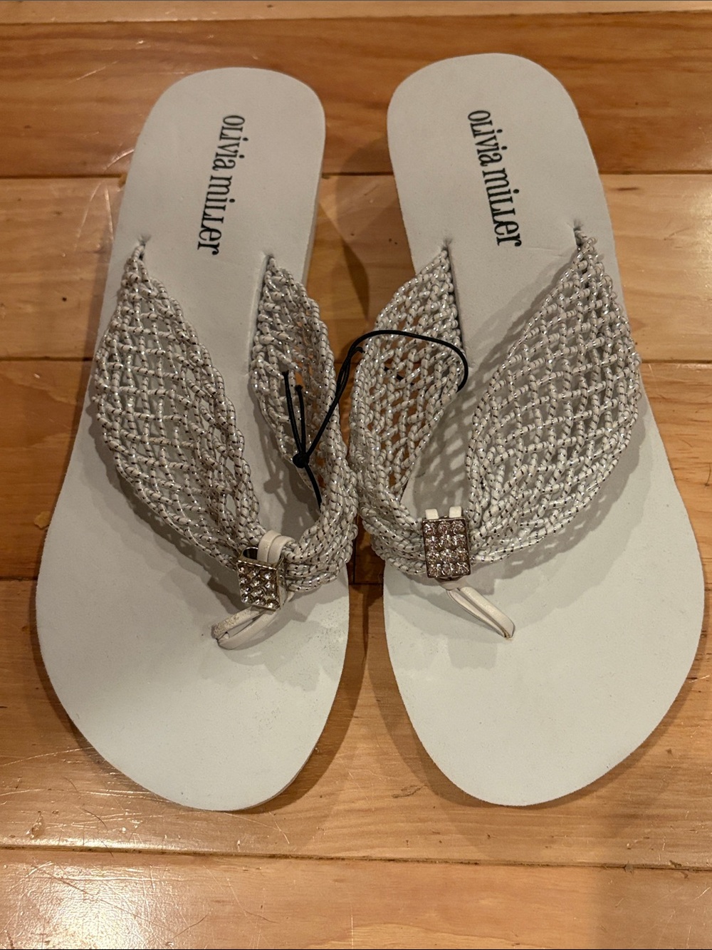 Olivia Miller White Braided Rhinestone Thong Sandals